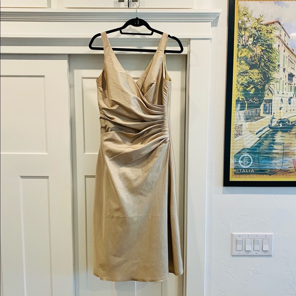 Gold taffeta crossover strap dress from Impression Bridal sz 10